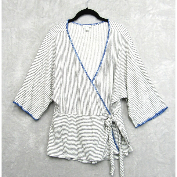 Sundance Wrap Top Womens Large White Gray Striped Belted Surplice Wide Sleeve - Picture 2 of 14